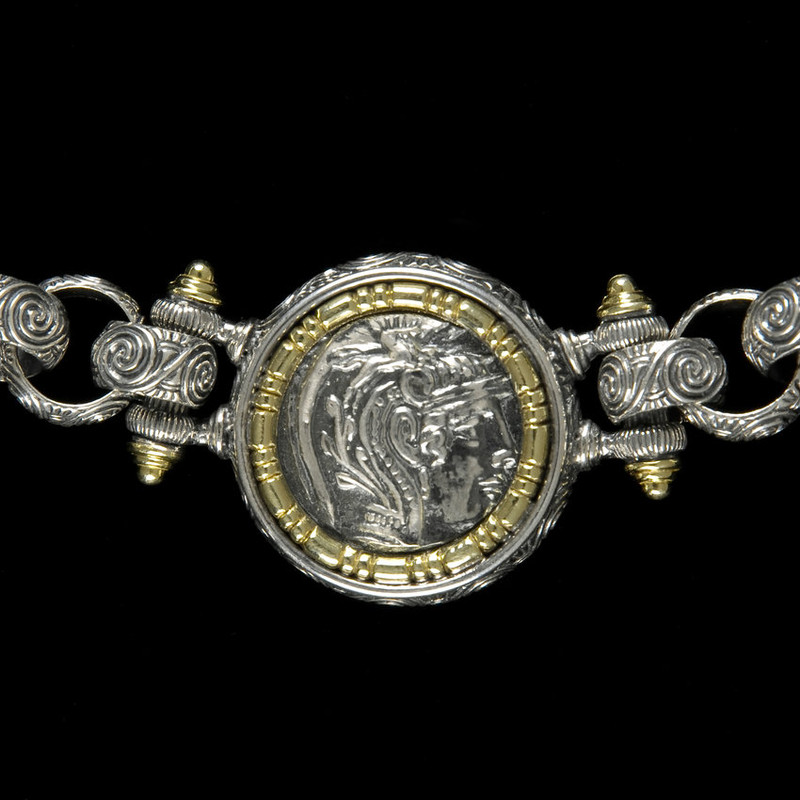 Athena Necklace center handmade and engraved in Sterling Silver and 18 K Gold by Bowman Originals, Sarasota, 941-302-9594
