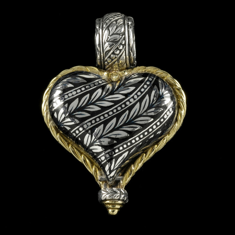 Heart Pendant, reversible, enamel, silver, gold, engraved by Bowman Originals, USA
