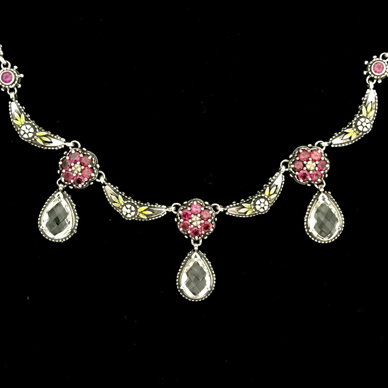 Handmade Necklace, Rhodolite Garnets, White Topaz, Enamel, Silver, Gold | Bowman Originals, 941-302-9594
