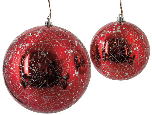 4 Inch or 6 Inch Red Reflective Ball with Line and Sequin Pattern - Red/Silver or Red/Green