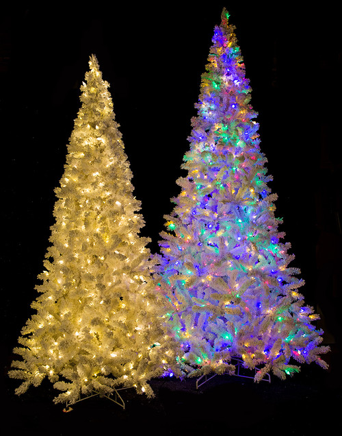 Medium Size Flocked Arctic Pine Trees - 7.5 Ft., 9 Ft., and 12 Ft. Tall with Mixed Warm White and Pastel Multi-Color LED Lights Function - Remote Control To Set Colors