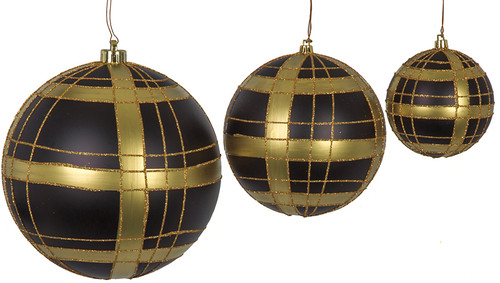 8 Inch Matte Black and Gold Plaid Ball Ornament with Glitter