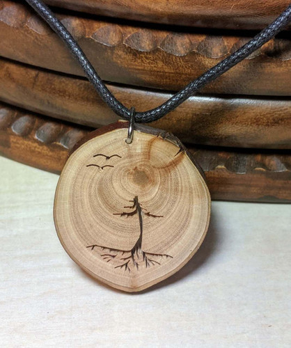 Rustic Wood Pendant - Evergreen Tree with Roots and Birds.