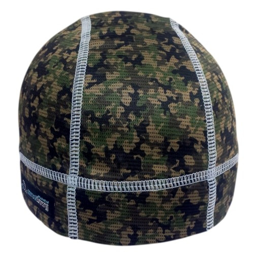 SweatHawg Skull cap in camo fabric with grey stitching. Absorbent brow with wicking bamboo ultra lightweight fabric keeps sweat from dripping in your eyes.