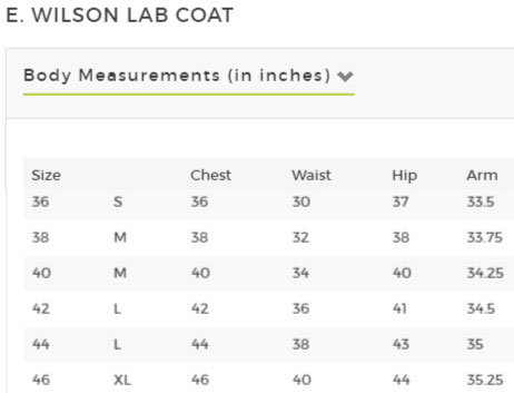 Lab Coat Unisex Size Chart