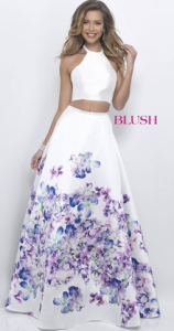 blush prom two-piece floral prom dress