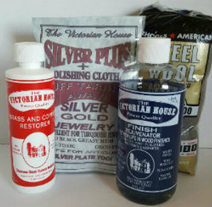 SAMPLER 4--ONE OF EACH OF The Victorian House PRODUCTS AND A 12 PACK OF #0000 STEEL WOOL APPLICATORS. Finish Rejuvenator, Brass and Copper Cleaner, Silver Plus, steel wool.