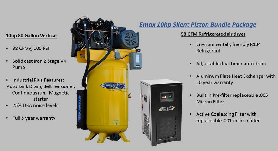 EMAX E450 Series - 10 HP Air Compressor with 58 CFM Air Dryer, 1 Phase,  Silent Air System-ESP10V080V1PK - Emax Compressor