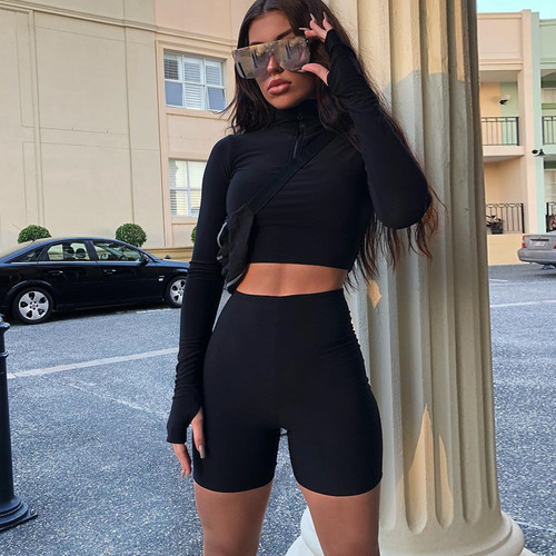 Long sleeve zipper high neck elastic sexy crop tops shorts 2-pieces 2018 summer autumn women fashion casual sports sets Long sleeve zipper high neck elastic sexy crop tops shorts 2-pieces 2018 summer autumn women fashion casual sports sets