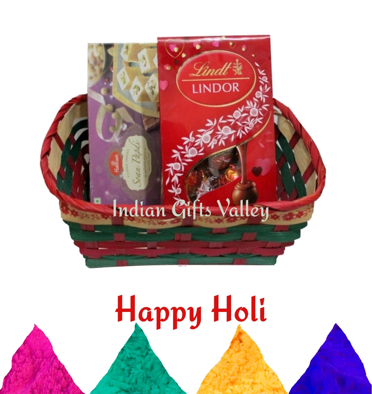 Holi Gift Hamper Haldiram Soan Papdi Lindt Lindor Chocolate With Colors