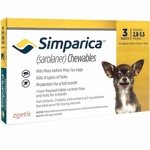 Simparica For Small Dogs & Puppies 2.8-5.5lbs (1.3-2.5kg) - 3 Chews + 1 Extra Dose Free (4 Total)