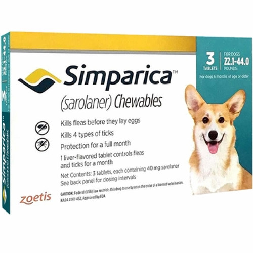 Simparica For Medium Dogs 22-44lbs (10.1-20kg) - 3 Chews
