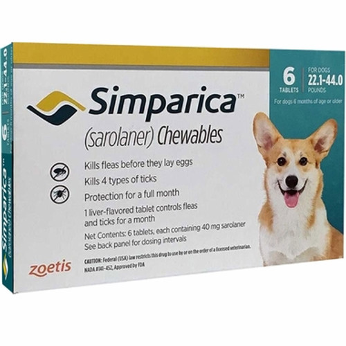 Simparica For Medium Dogs 22-44lbs (10.1-20kg) - 6 Chews + 1 Extra Dose Free (7 Total)