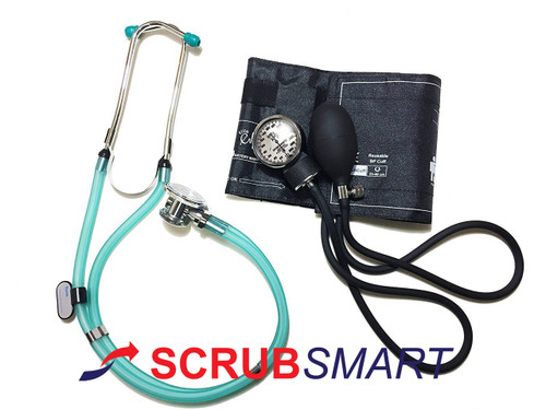 EMI Clear Green Sprague Rappaport Stethoscope & Adult Blood Pressure Aneroid Sphygmomanometer Cuff kit Set # 340 EMI Clear Green Sprague Rappaport Stethoscope & Adult Blood Pressure Aneroid Sphygmomanometer Cuff kit Set # 340
