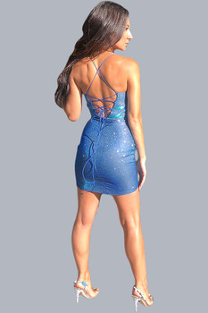 Short glitter blue has a criss cross back - back image Short glitter blue has a criss cross back - back image