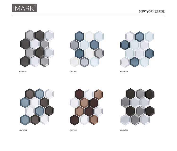 New York 3D Hexagon Cold Blue, White Silver Glossy Glass Mosaics