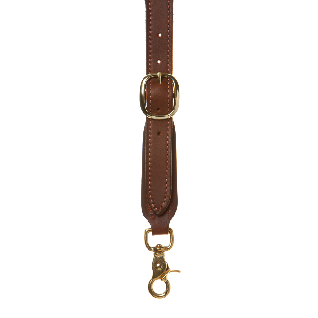 Front view of brown leather suspender with belt buckle