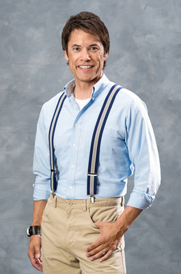 Model wearing gray and navy striped suspenders