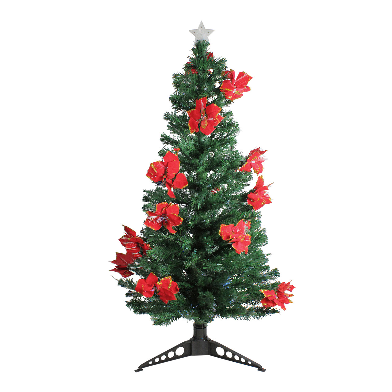 5 Pre Lit Fiber Optic Artificial Christmas Tree With Red Poinsettias 5 Pre Lit Fiber Optic Artificial Christmas Tree With Red Poinsettias