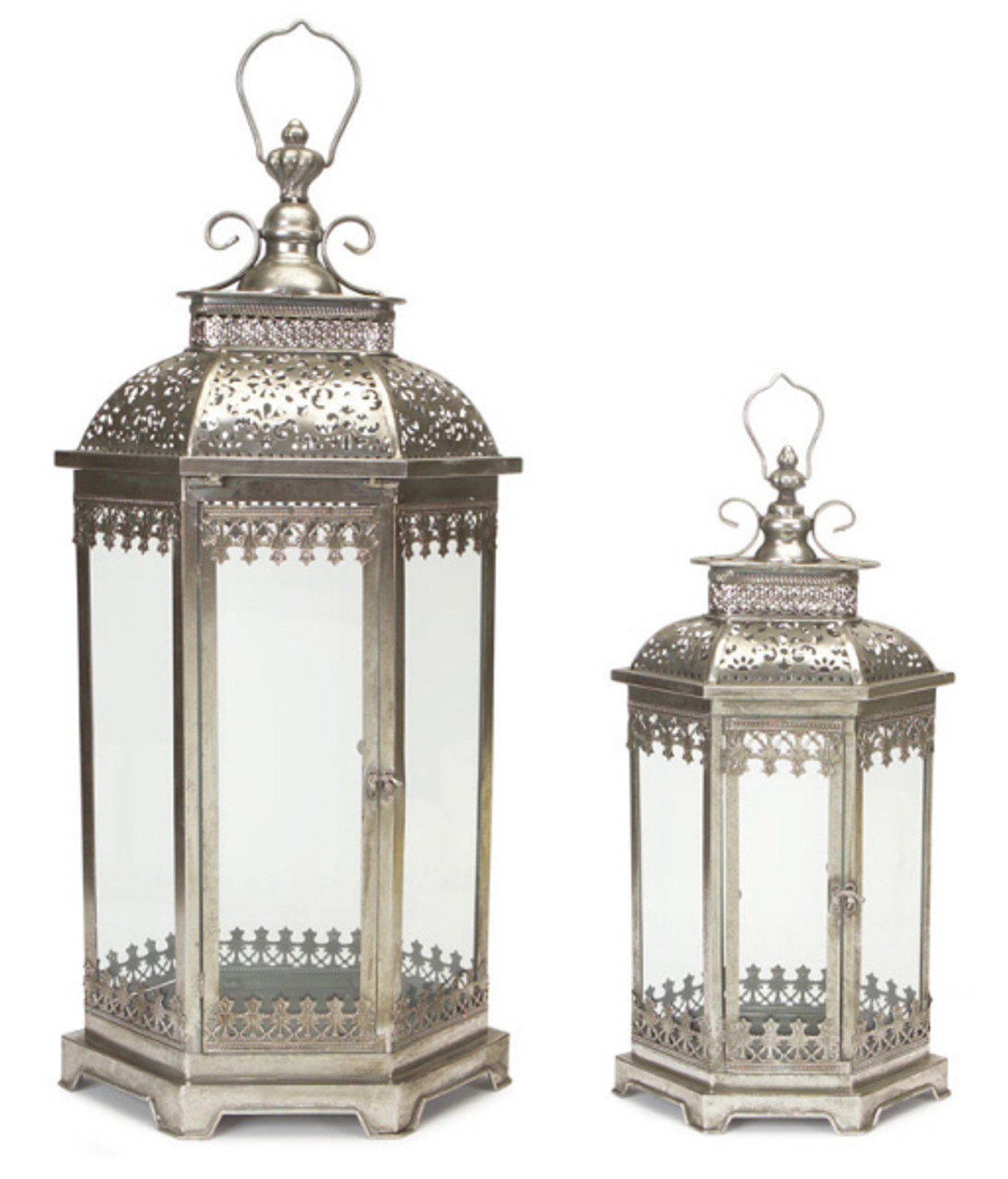Set of 2 Antique Style Silver Decorative Glass Pillar Candle Lanterns 34" Christmas Central