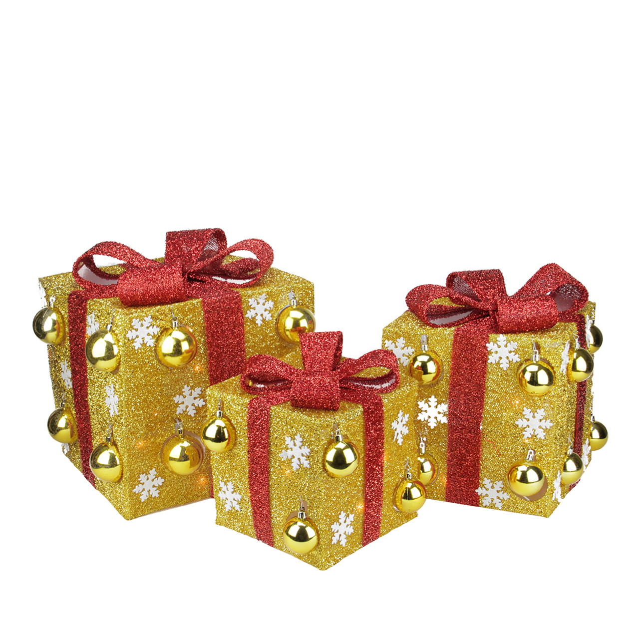 Set of 3 Gold Tinsel Gift Boxes with Red Bows Lighted Christmas Yard