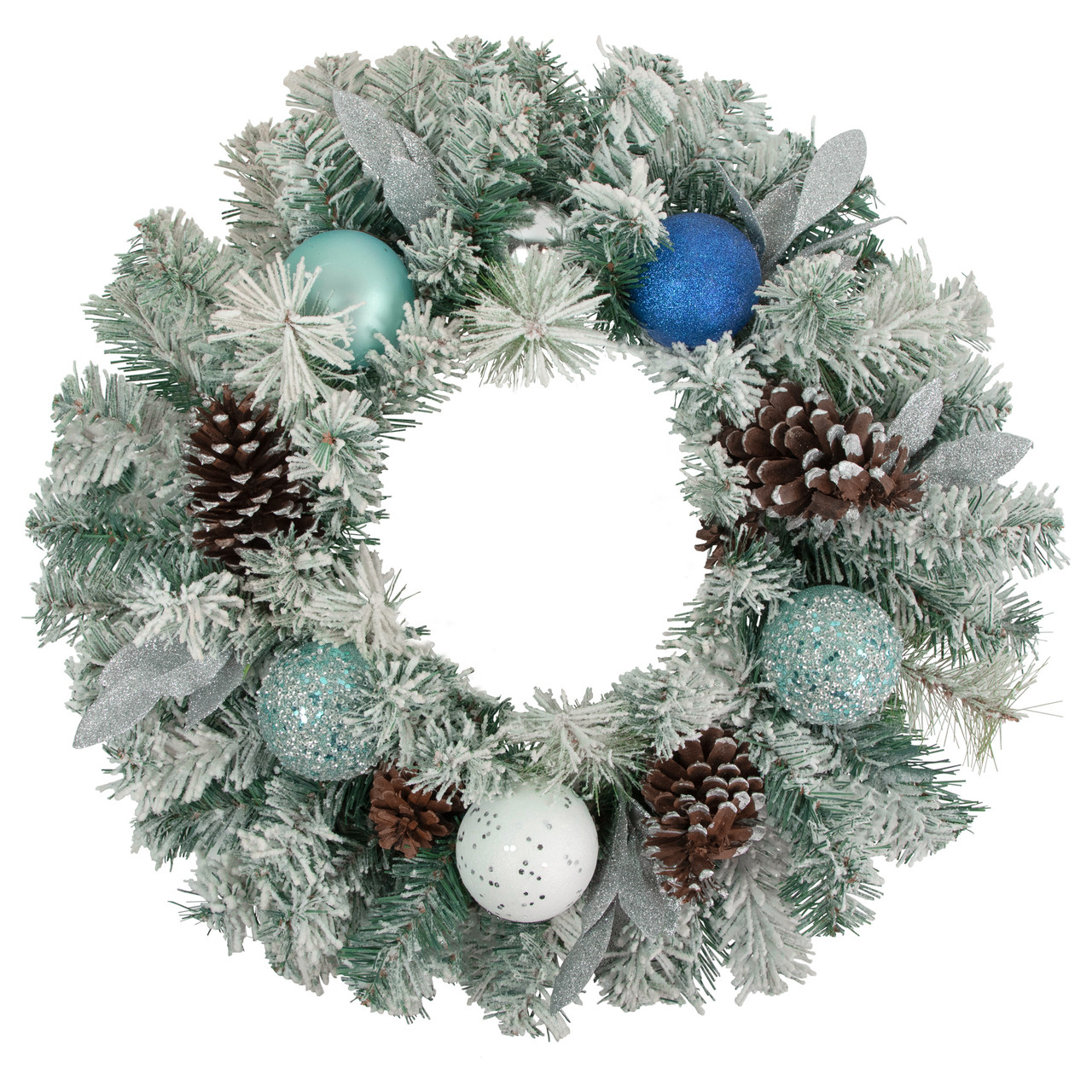 24 teal and silver ornaments artificial flocked pine christmas wreath unlit 32275673 - Teal And Silver Christmas Decorations 24 teal and silver ornaments artificial flocked pine christmas wreath unlit 32275673 - Teal And Silver Christmas Decorations
