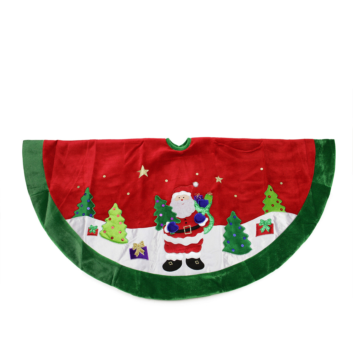 48" Red Velveteen Santa Claus Sequined Christmas Tree Skirt with Green