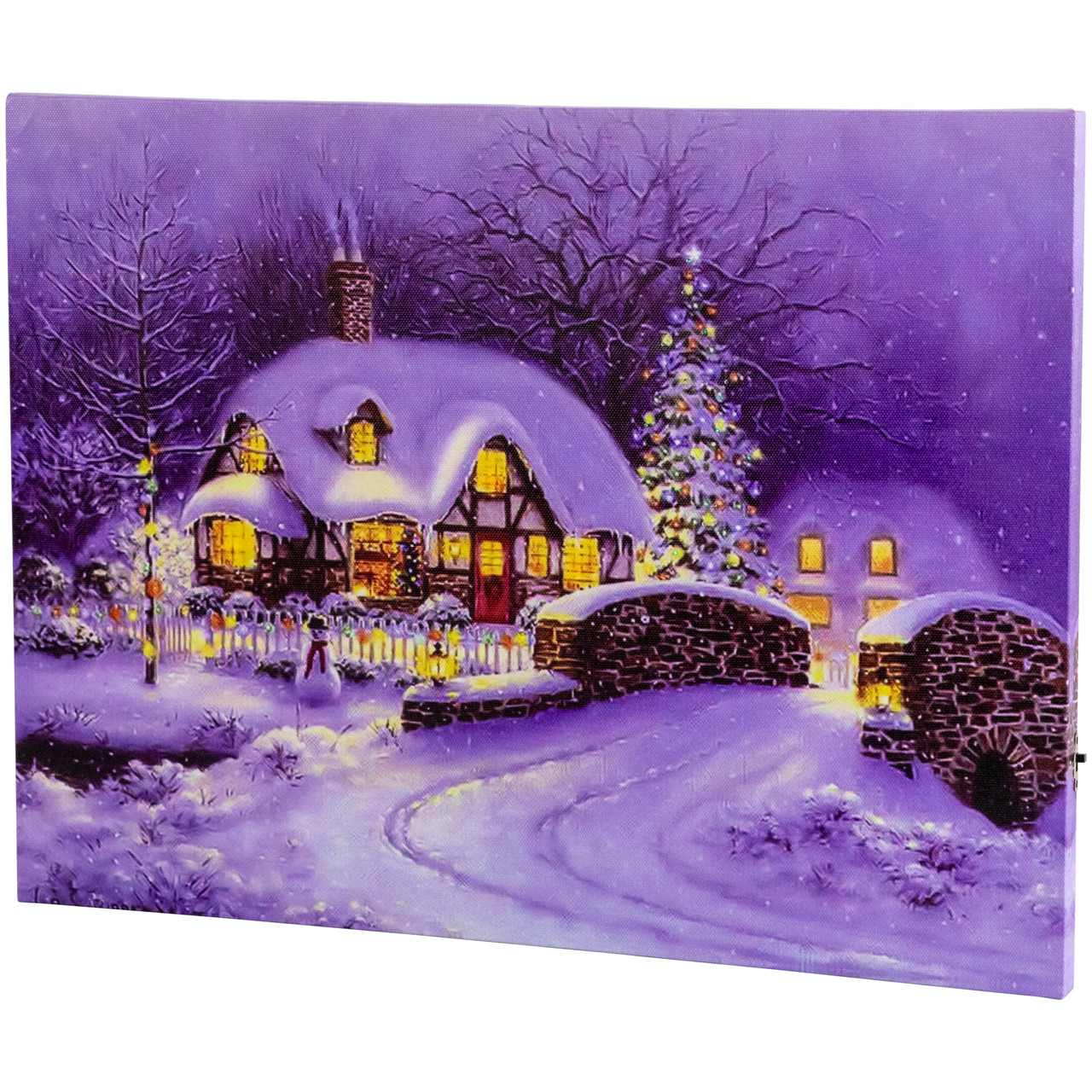 Fiber Optic & LED Lighted Snowy Christmas House Canvas Wall Art 12" x