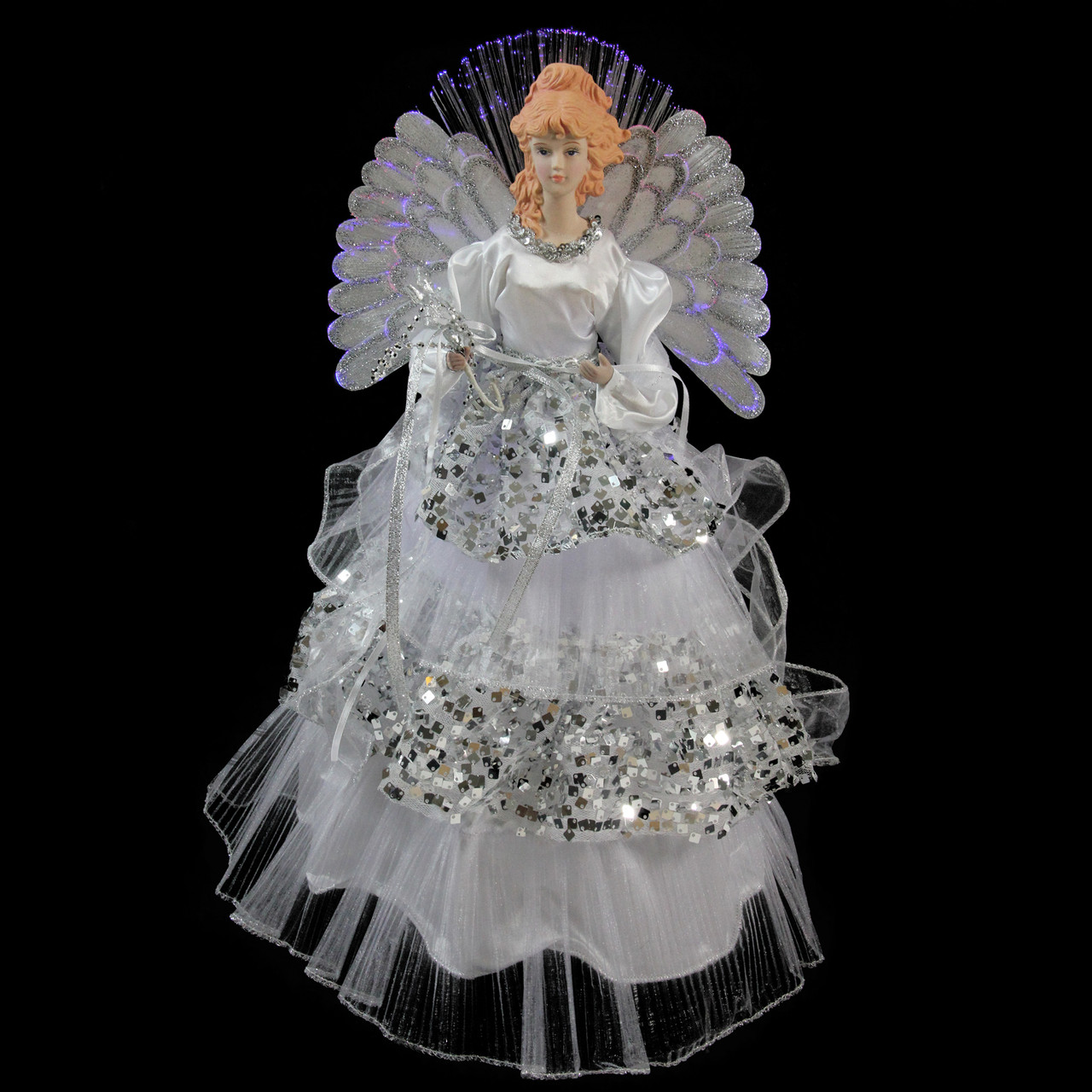 16 Lighted Fiber Optic Angel In Silver Sequined Gown Christmas Tree Topper 16 Lighted Fiber Optic Angel In Silver Sequined Gown Christmas Tree Topper
