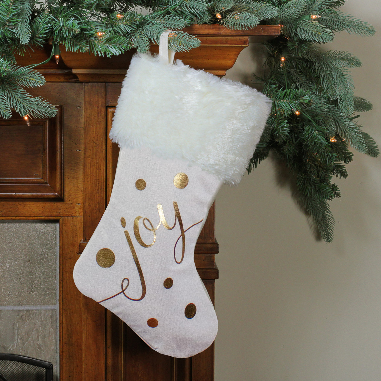 19” Ivory White Gold Foil “Joy” Christmas Stocking with White Faux Fur ...
