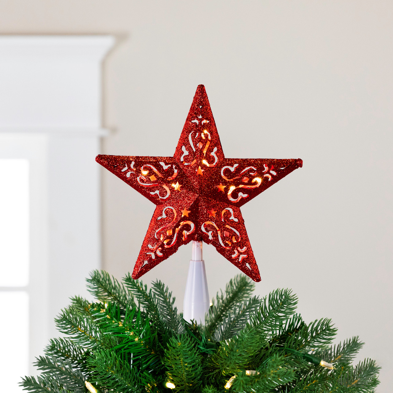 8.5" Red Glitter Star CutOut Design Christmas Tree Topper Clear