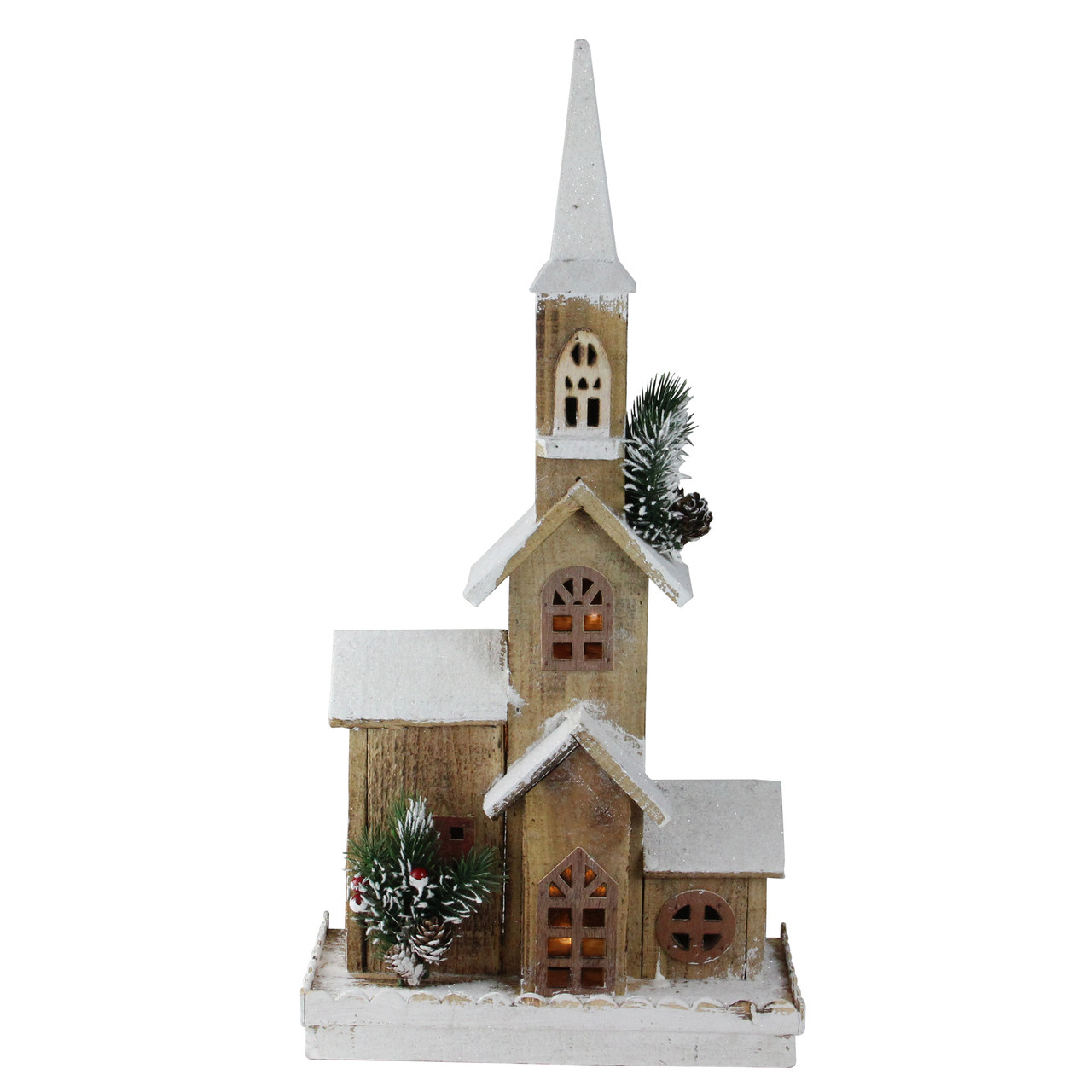 21.25" LED Lighted Brown Wooden Snowy Church Christmas Decoration