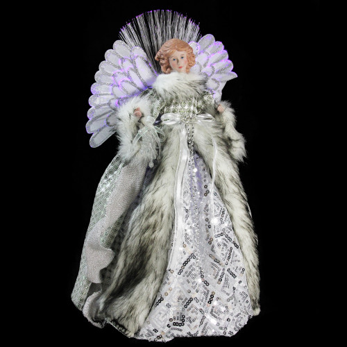 16" Lighted B/O Fiber Optic Angel in Silver Gingham Coat ...