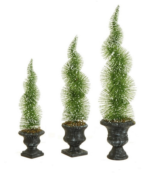 Set of 3 Artificial Sparkling Green Frosted Spiral Topiary Christmas