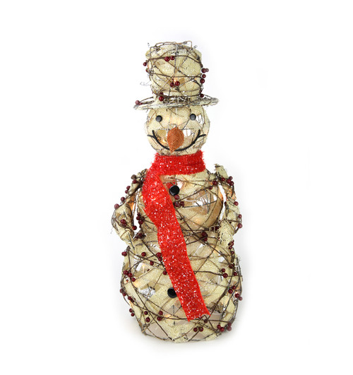 27.5" Lighted Burlap & Berry Rattan Standing Snowman Christmas Outdoor