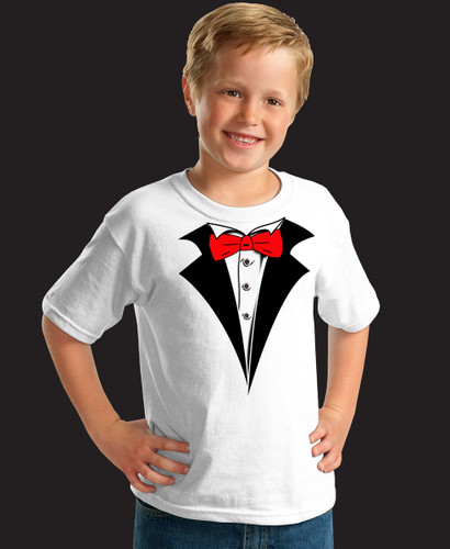 Kids White Tuxedo T-Shirt with Red Tie