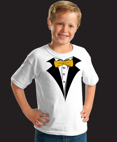 Kids White Tuxedo T-Shirt with Yellow Gold Tie