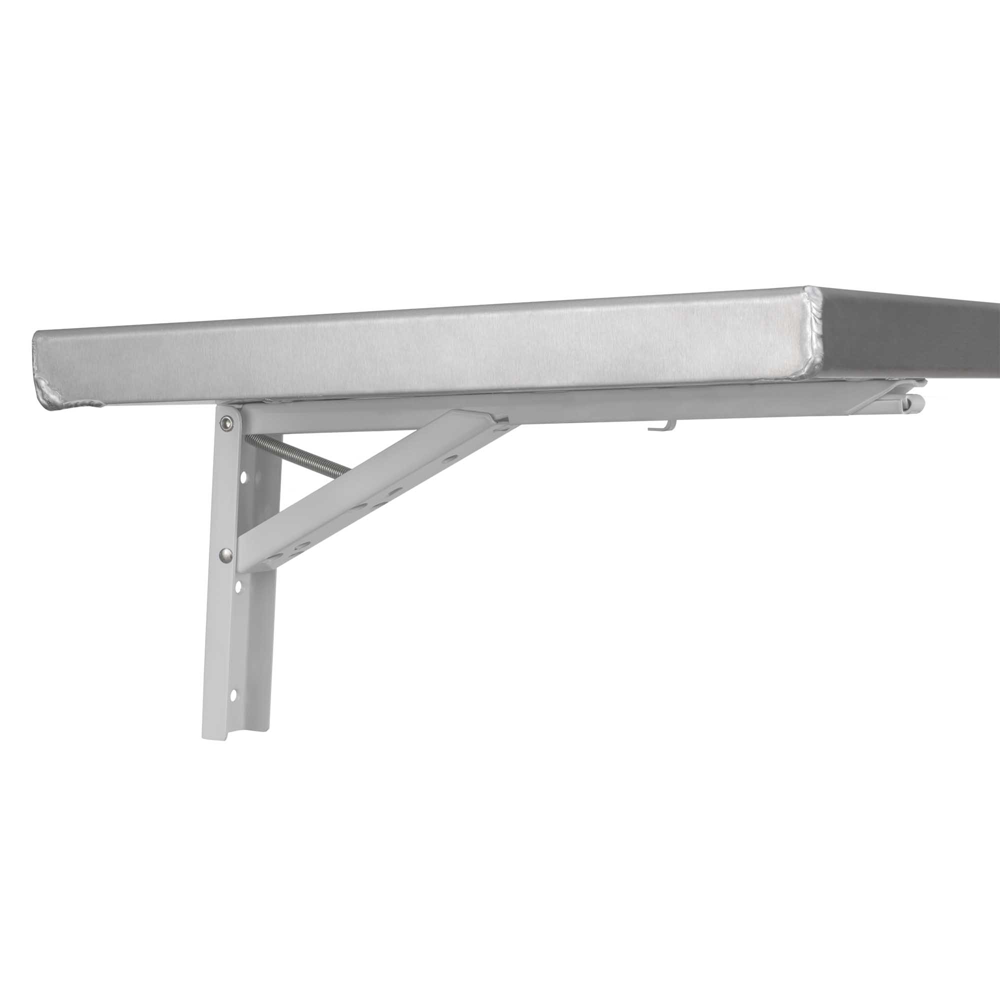 Aluminum drop down concession shelf with undermounted bracket. Aluminum drop down concession shelf with undermounted bracket.