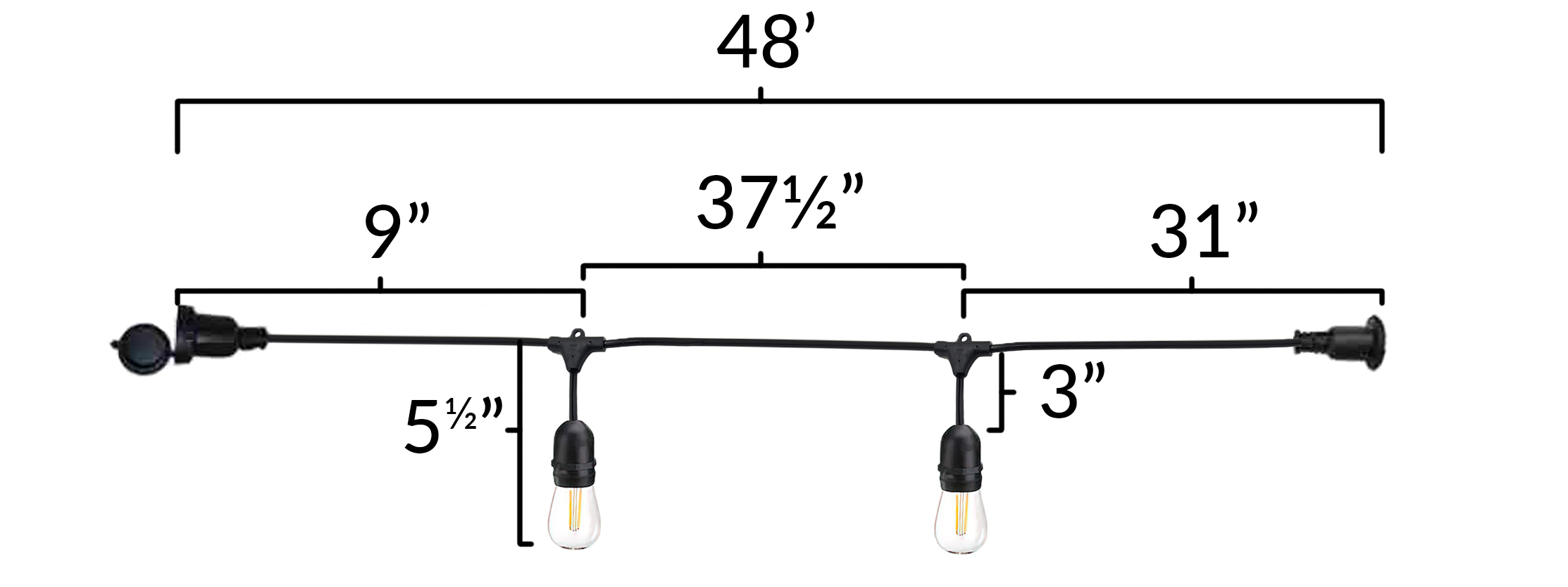 15 Light Decorative Vintage LED Light String Dimensions Diagram