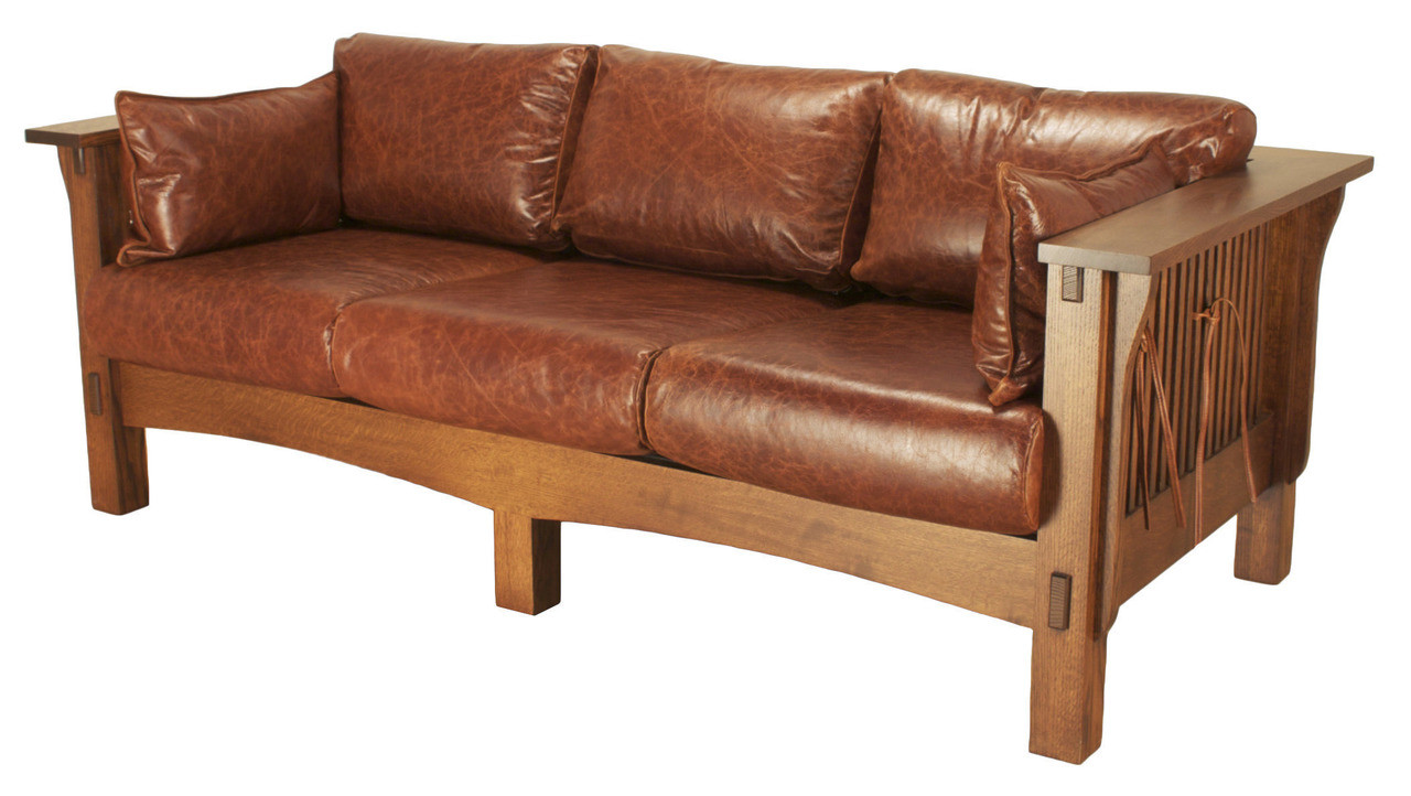 mission style wood leather sofa