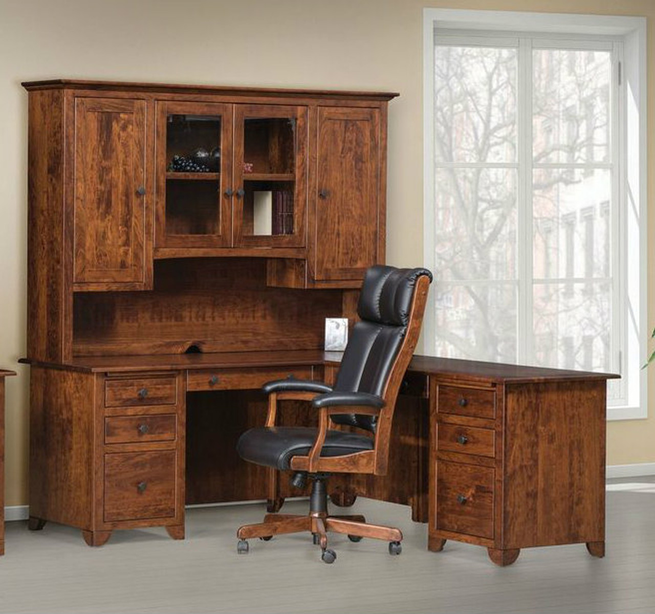 Cherry Valley Single Pedestal Jr. Executive L Desk with Hutch The