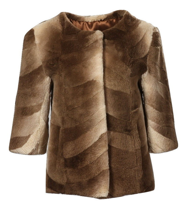 Brown Beaver Fur Jacket Sheared 3/4 Sleeves Collarless ghost mannequin Brown Beaver Fur Jacket Sheared 3/4 Sleeves Collarless ghost mannequin