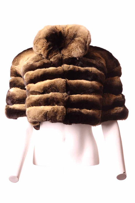 chinchilla fur bolero with stand up collar short sleeves front view chinchilla fur bolero with stand up collar short sleeves front view