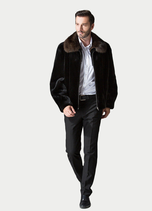 Mens Mink Fur Coat Black with Mahogany Collar on male model profile view catwalk 2 Mens Mink Fur Coat Black with Mahogany Collar on male model profile view catwalk 2