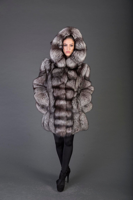 silver fox fur coat with hood on model fully let out main bod waterfall hem silver fox fur coat with hood on model fully let out main bod waterfall hem