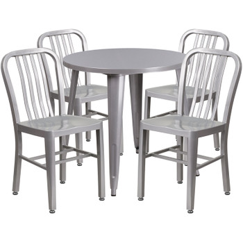 Metal Indoor/Outdoor Cafe Table Set with Vertical Slat Chairs-30" Round with 4 Chairs-Silver Metal Indoor/Outdoor Cafe Table Set with Vertical Slat Chairs-30" Round with 4 Chairs-Silver