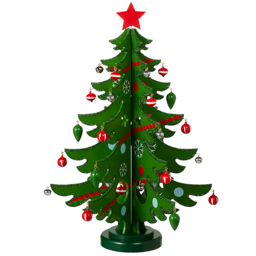 18" Green Wooden Tree with Ornaments, Set of 37