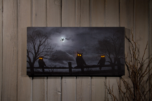 GLOWING OWL EYES, LIT HALLOWEEN NIGHT PICTURE - 12 X 24 inch GLOWING OWL EYES, LIT HALLOWEEN NIGHT PICTURE - 12 X 24 inch