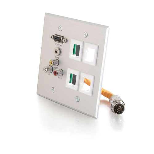 RapidRun Double Gang Integrated VGA (HD15) + 3.5mm + Composite Video + Stereo Audio + (4) Keystone Wall Plate - Brushed Aluminum RapidRun Double Gang Integrated VGA (HD15) + 3.5mm + Composite Video + Stereo Audio + (4) Keystone Wall Plate - Brushed Aluminum