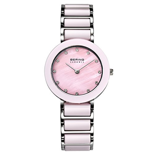 BERING Women's Watch with Pink Ceramic Link Band and Scratch Resistant